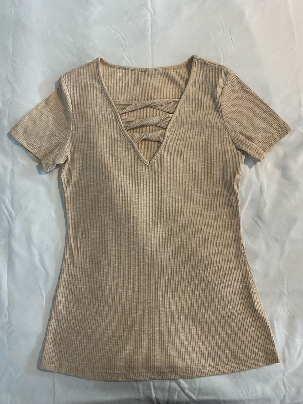 Women's Ribbed Short-Sleeve V-Neck Top with Crisscross Detail - Beige - Medium